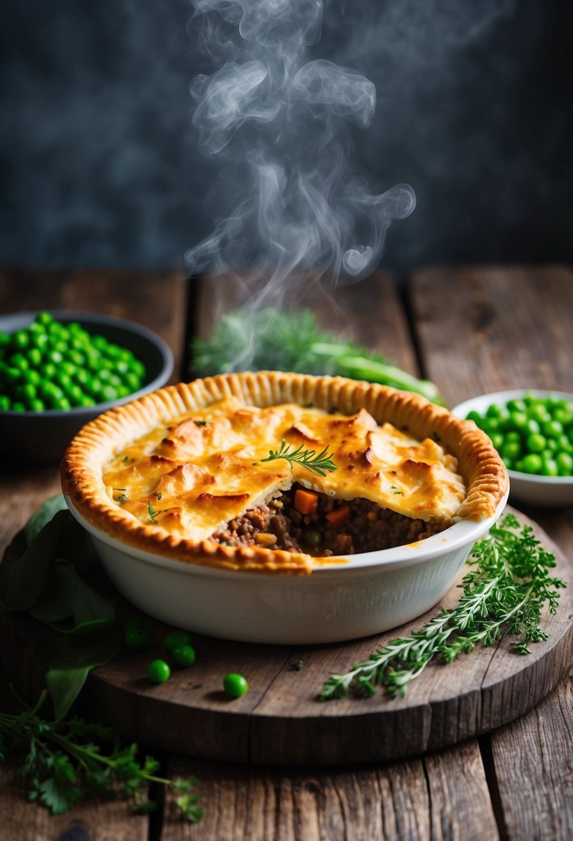 A steaming shepherd's pie sits on a rustic wooden table, surrounded by fresh herbs and a side of peas