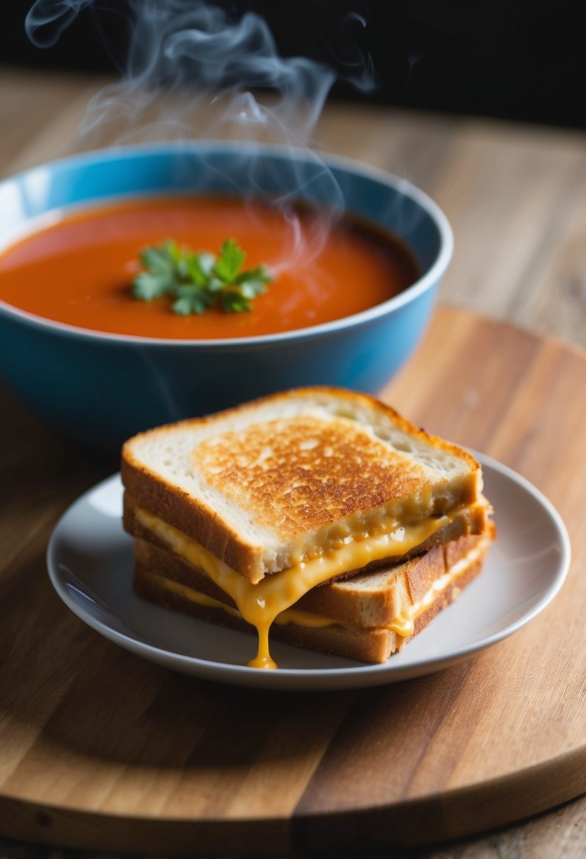 A golden-brown grilled cheese sandwich sits beside a steaming bowl of tomato soup, ready to be dipped and enjoyed