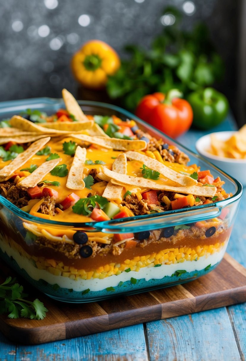 A colorful array of ingredients layered in a casserole dish, topped with melted cheese and crispy tortilla strips