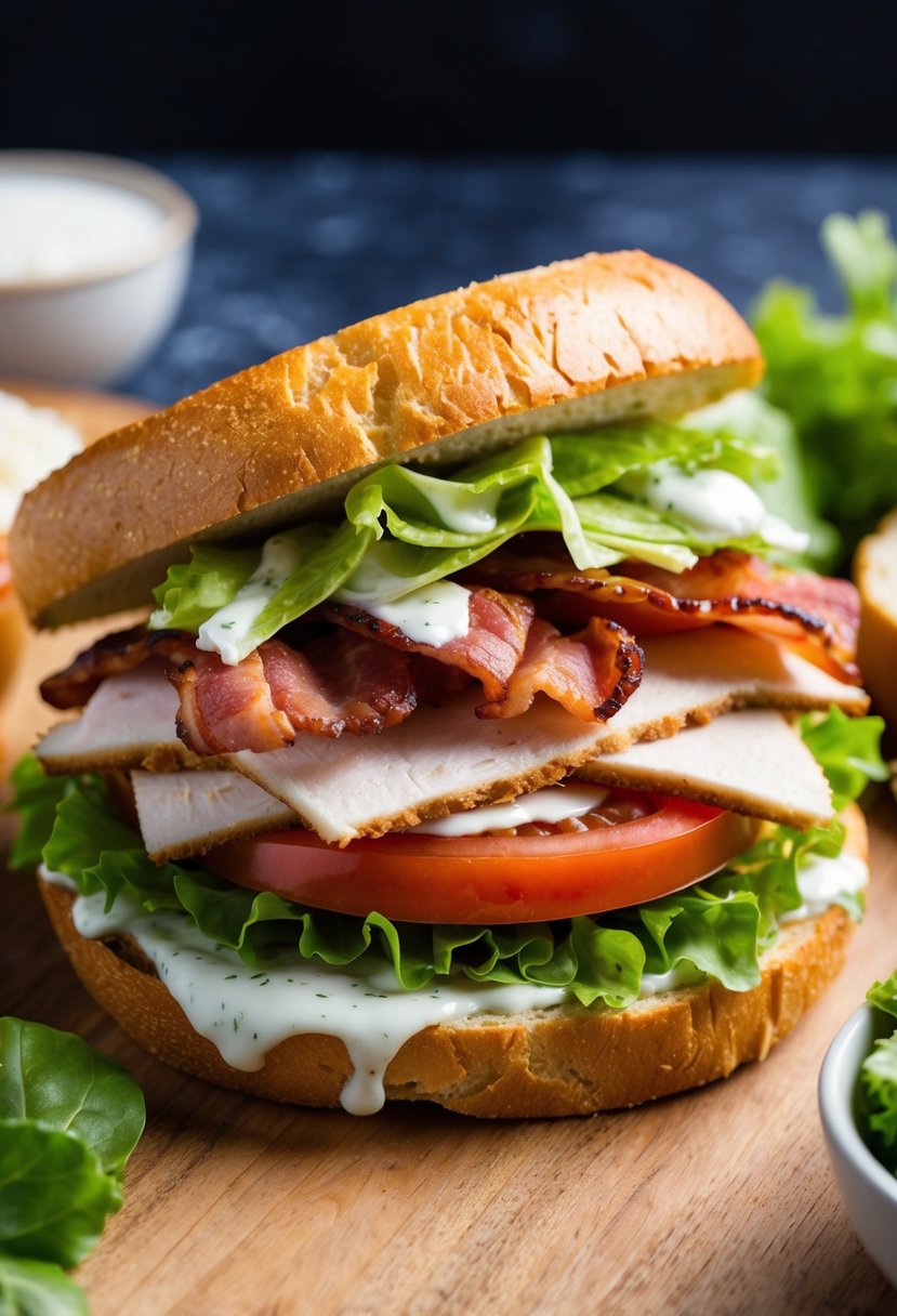 A loaded sandwich with layers of turkey, bacon, lettuce, tomato, and ranch dressing on toasted bread, surrounded by fresh ingredients