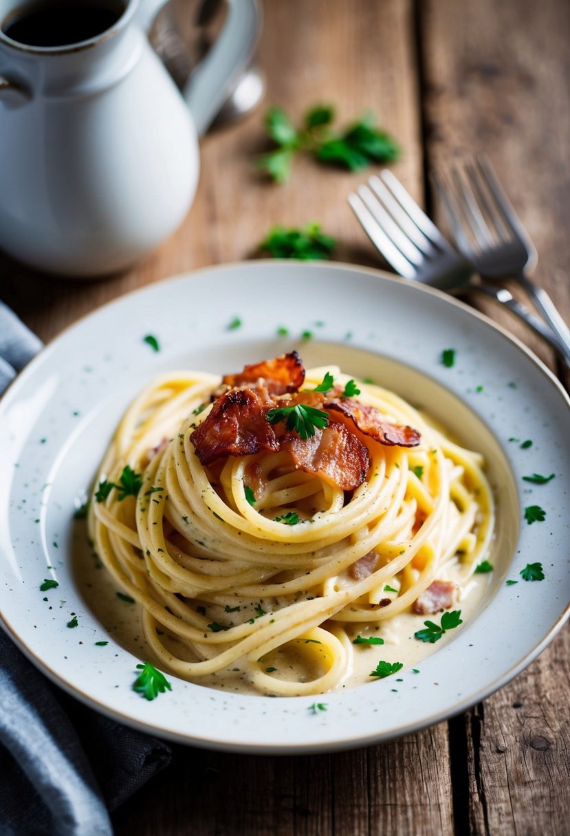 A steaming plate of carbonara pasta with crispy bacon, creamy sauce, and a sprinkle of fresh parsley, served on a rustic wooden table