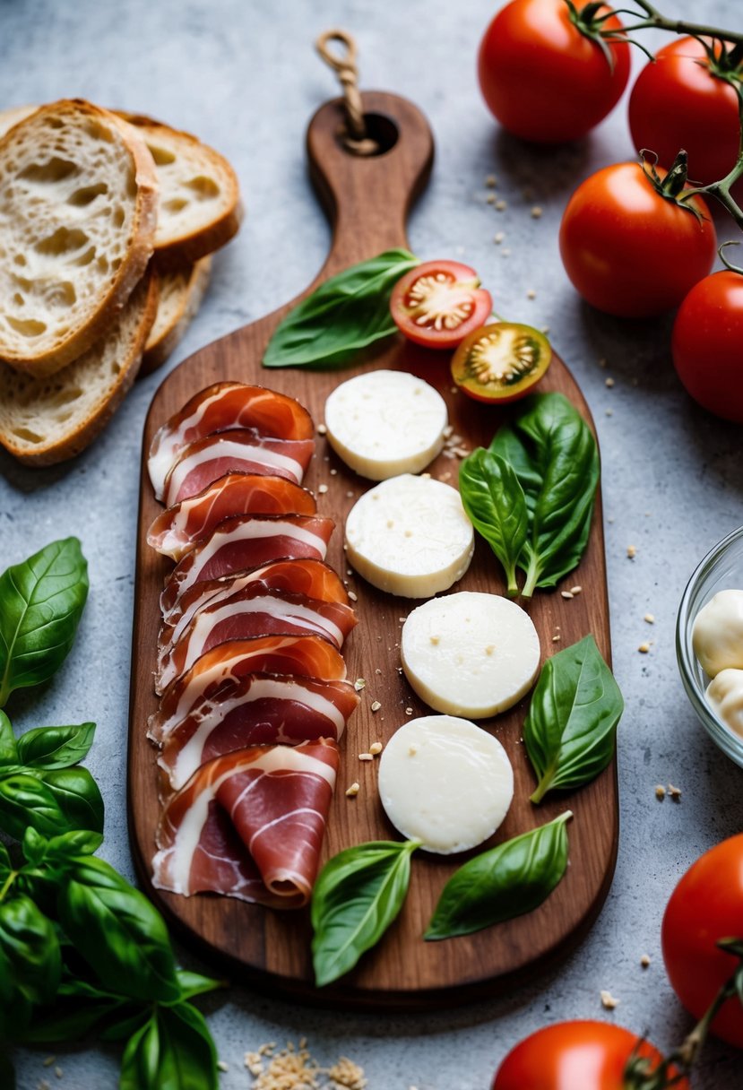 A rustic wooden cutting board holds thin slices of prosciutto, creamy fresh mozzarella, and vibrant basil leaves, surrounded by ripe tomatoes and crusty bread