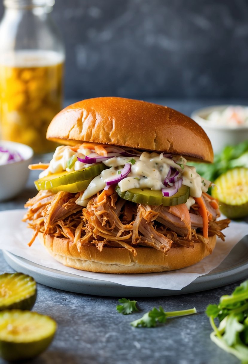 A loaded sandwich with pulled pork, creamy slaw, and pickles on a toasted bun, surrounded by a pile of fresh ingredients