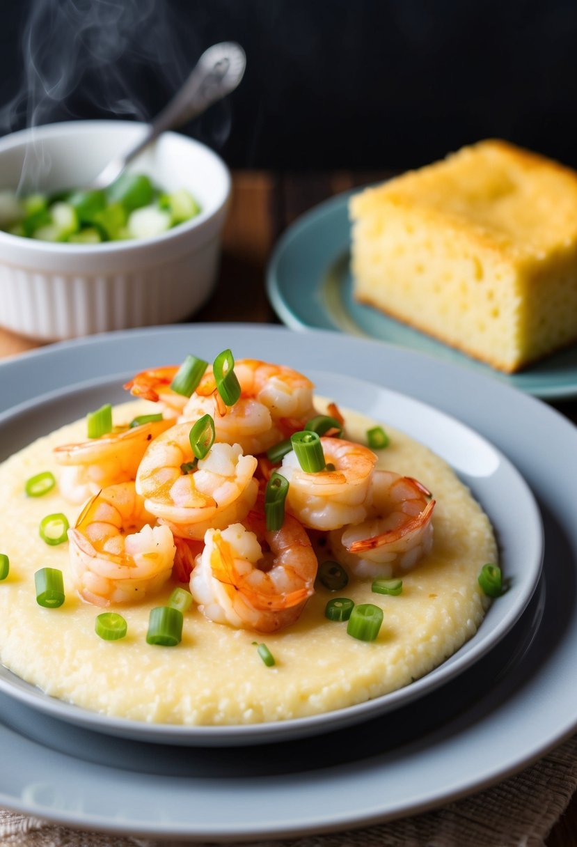 A steaming plate of shrimp and grits topped with green onions, served alongside a side of buttery cornbread