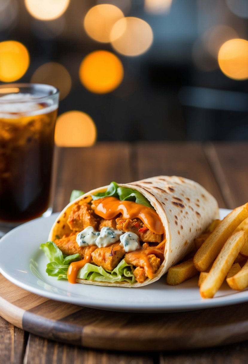 A sizzling buffalo chicken wrap with spicy sauce, lettuce, and blue cheese, served with a side of crispy fries and a cold drink