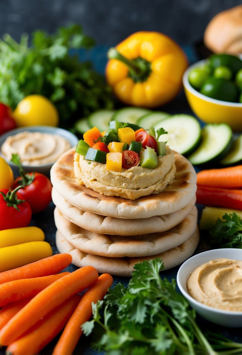 A colorful array of fresh vegetables, creamy hummus, and fluffy pita bread, artfully arranged and ready to be assembled into the ultimate veggie hummus pita sandwich