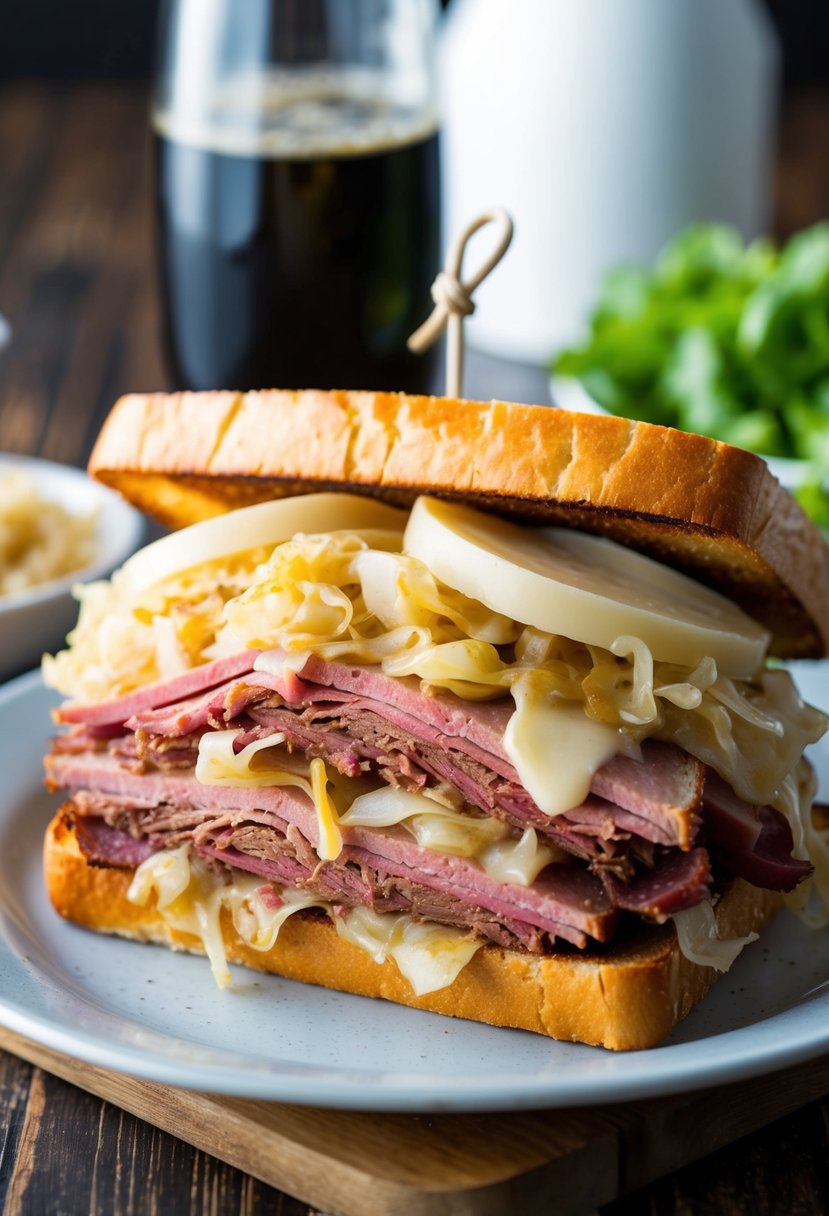 A mouthwatering Reuben sandwich, piled high with corned beef, sauerkraut, Swiss cheese, and Russian dressing, served on toasted rye bread