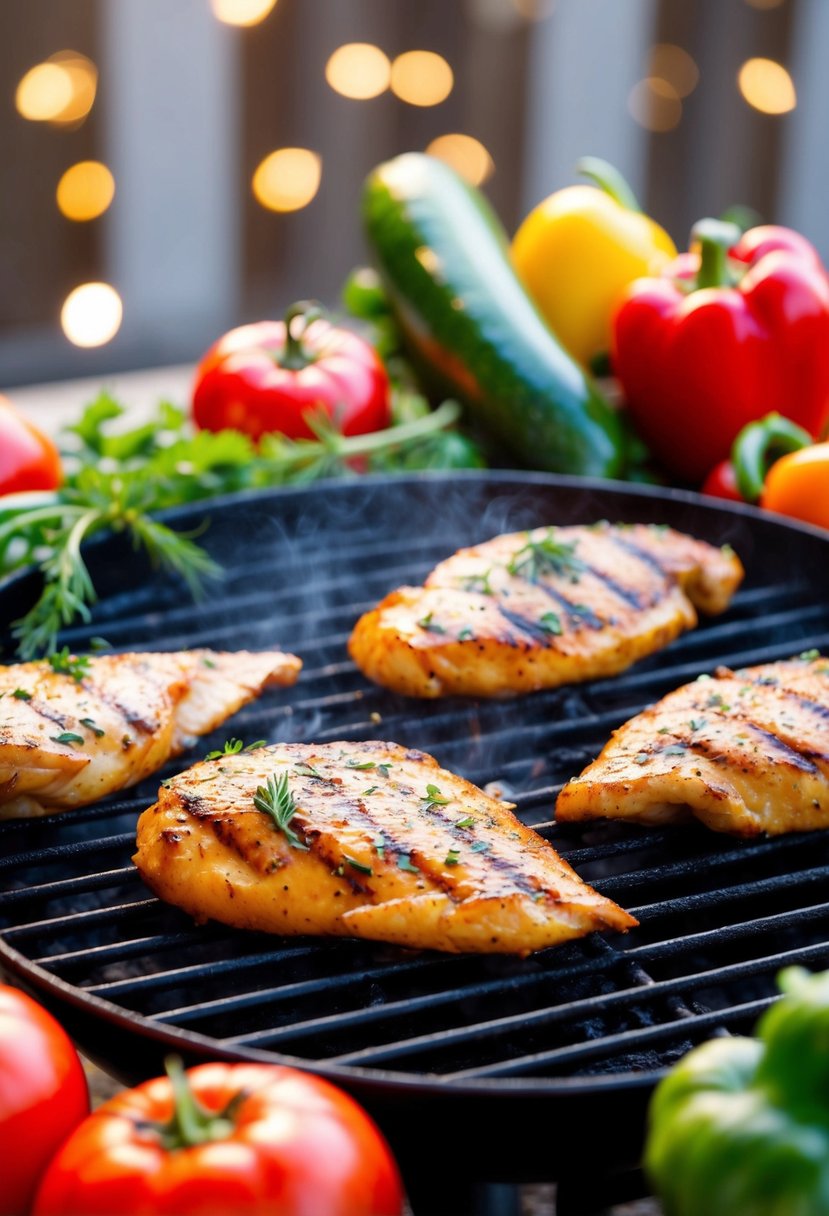 A grill sizzling with marinated chicken breasts, surrounded by colorful vegetables and herbs