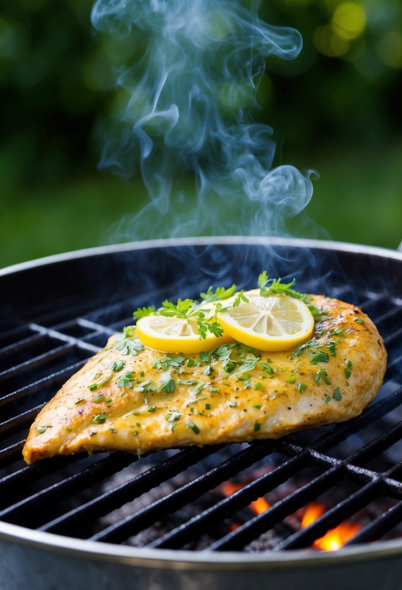 A sizzling chicken breast covered in a zesty lemon herb marinade cooks on a hot grill, releasing a mouthwatering aroma