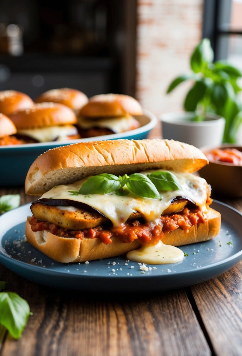 A sizzling eggplant parmesan sub on a toasted bun, topped with melted cheese, marinara sauce, and fresh basil