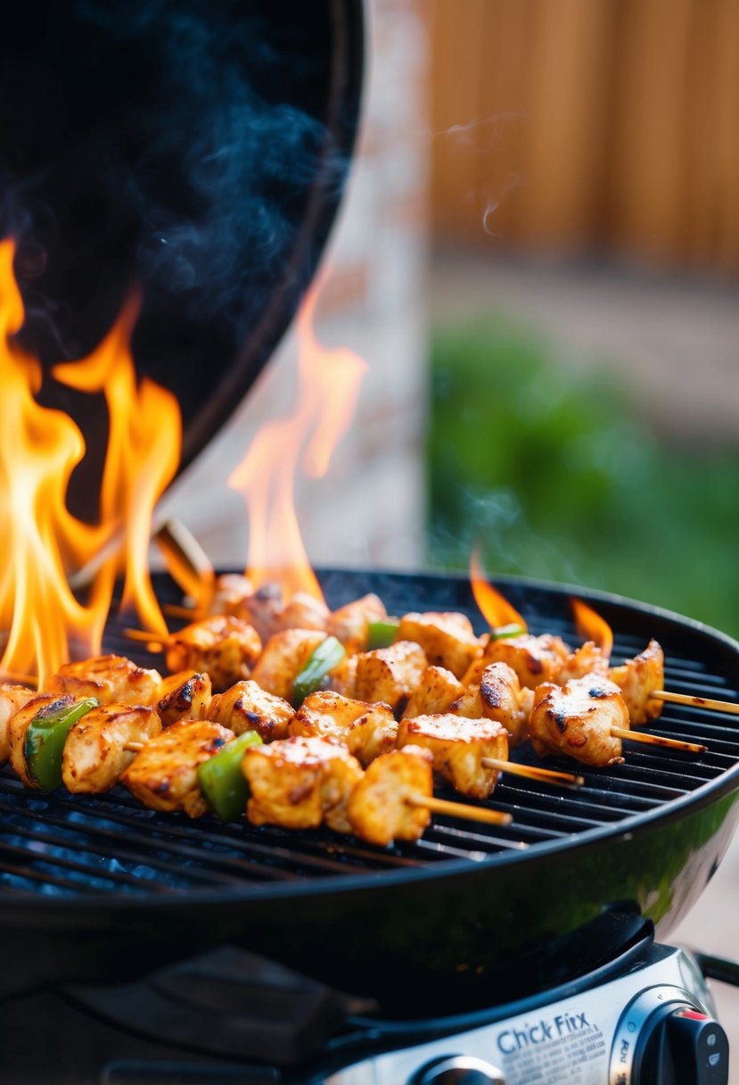 A sizzling grill with honey garlic chicken skewers cooking over the flames. A tantalizing aroma fills the air