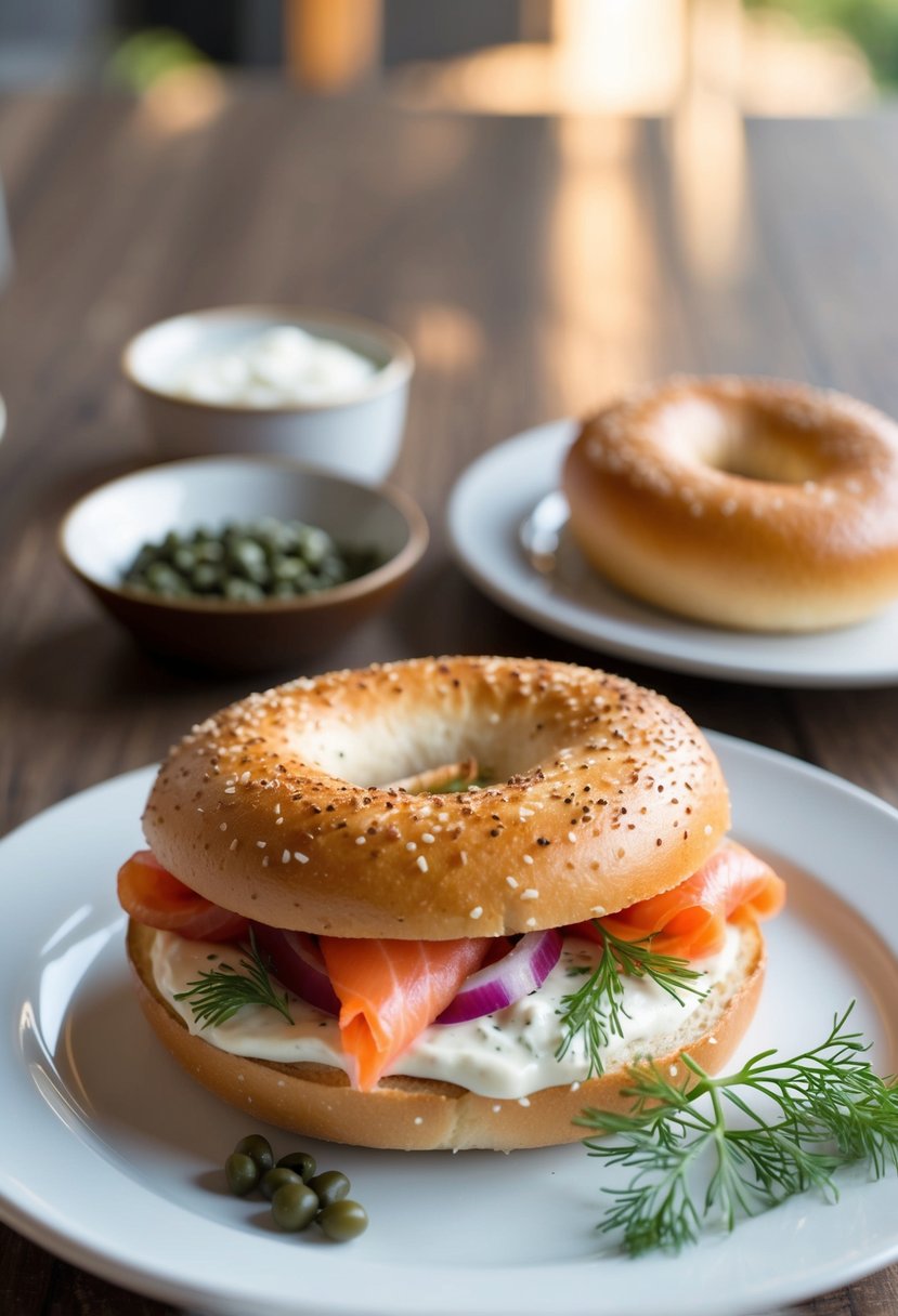 A toasted bagel topped with cream cheese, smoked salmon, red onion, capers, and fresh dill