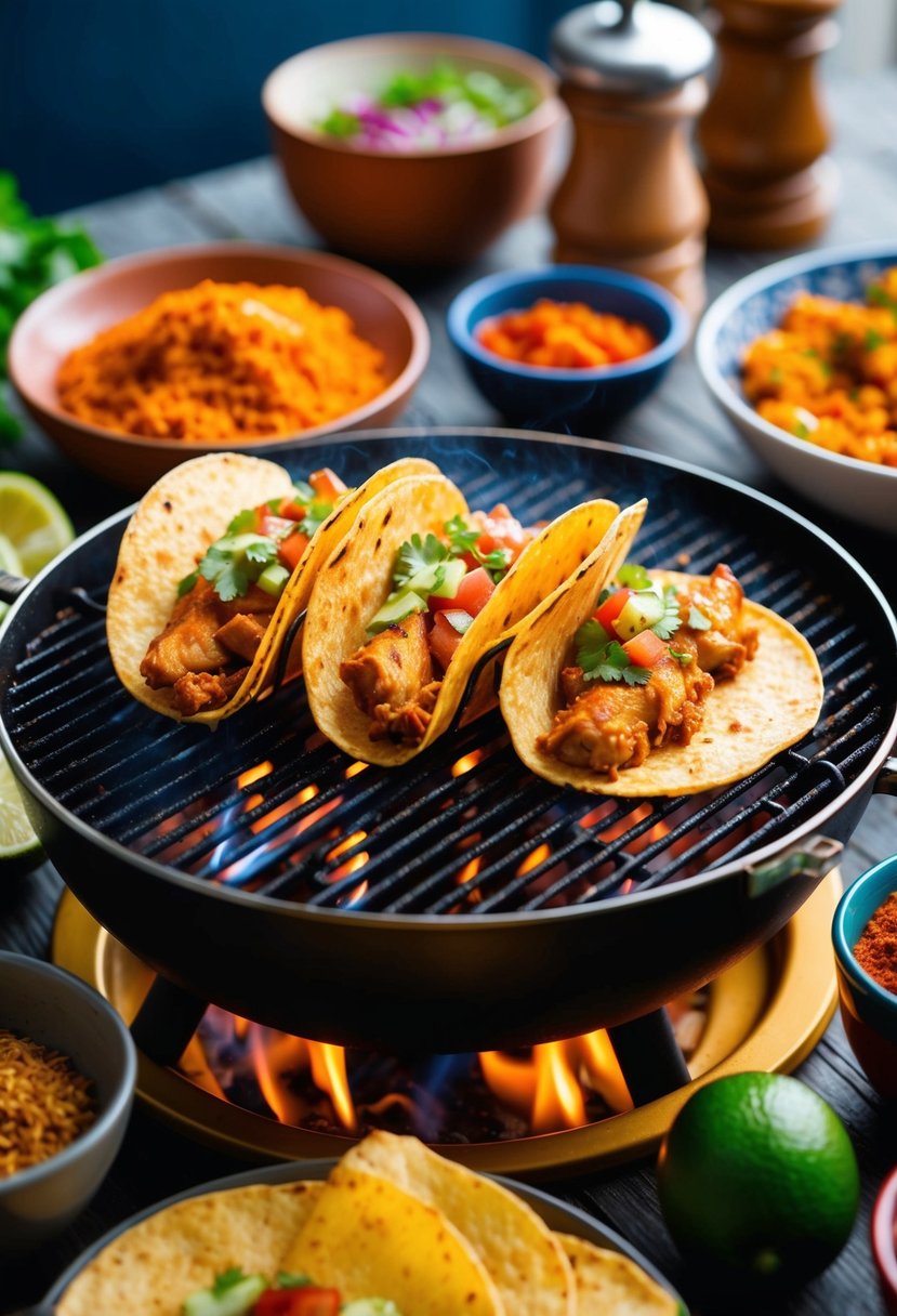 A sizzling grill with juicy chicken tacos, surrounded by vibrant spices and fresh ingredients