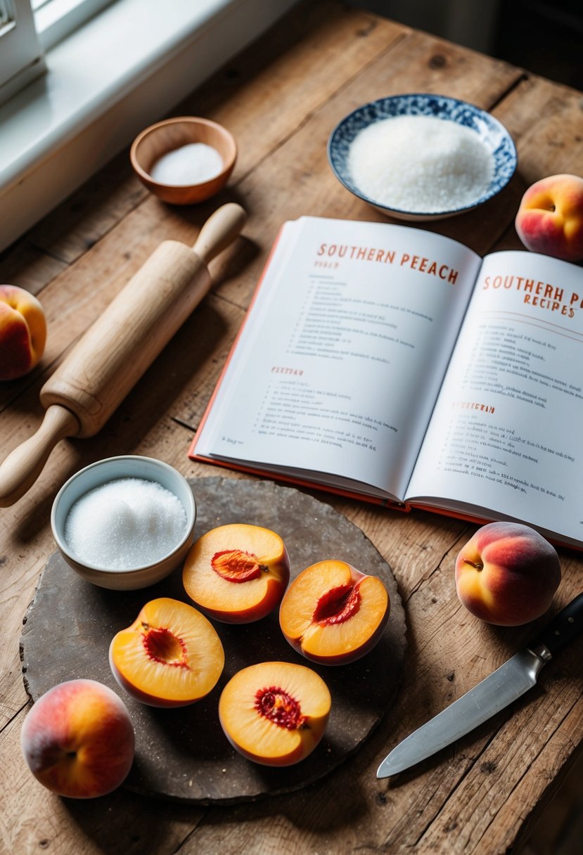 A rustic kitchen table with a spread of fresh peaches, a bowl of sugar, a rolling pin, and a recipe book open to a page on southern peach recipes