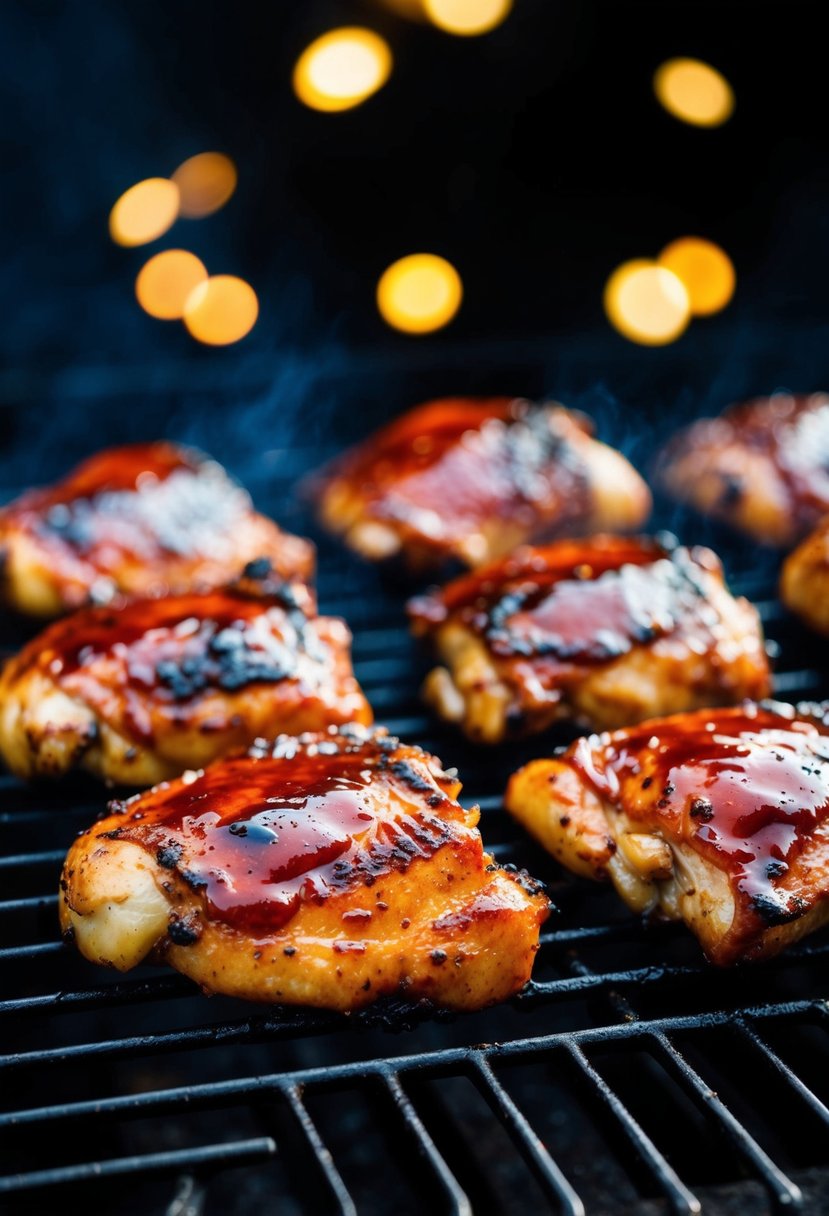 Juicy chicken thighs sizzling on a hot grill, with char marks and a glaze of BBQ sauce