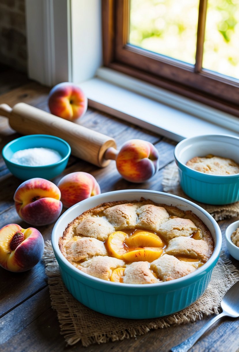 A rustic kitchen table with a freshly baked peach cobbler, surrounded by ripe peaches, a rolling pin, and a bowl of sugar. Sunlight streams through a nearby window, casting a warm glow on the scene