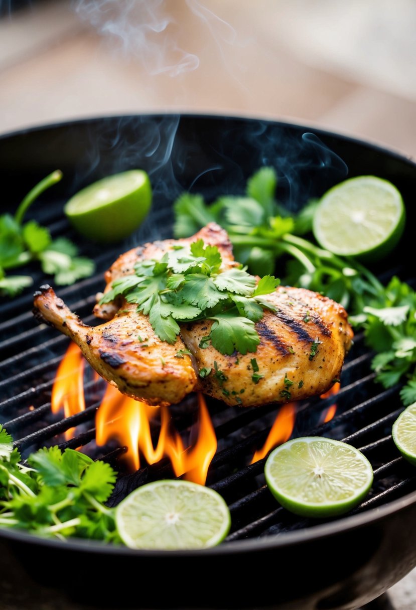 A sizzling grill with juicy cilantro lime chicken cooking over the flames, surrounded by vibrant green herbs and slices of zesty lime