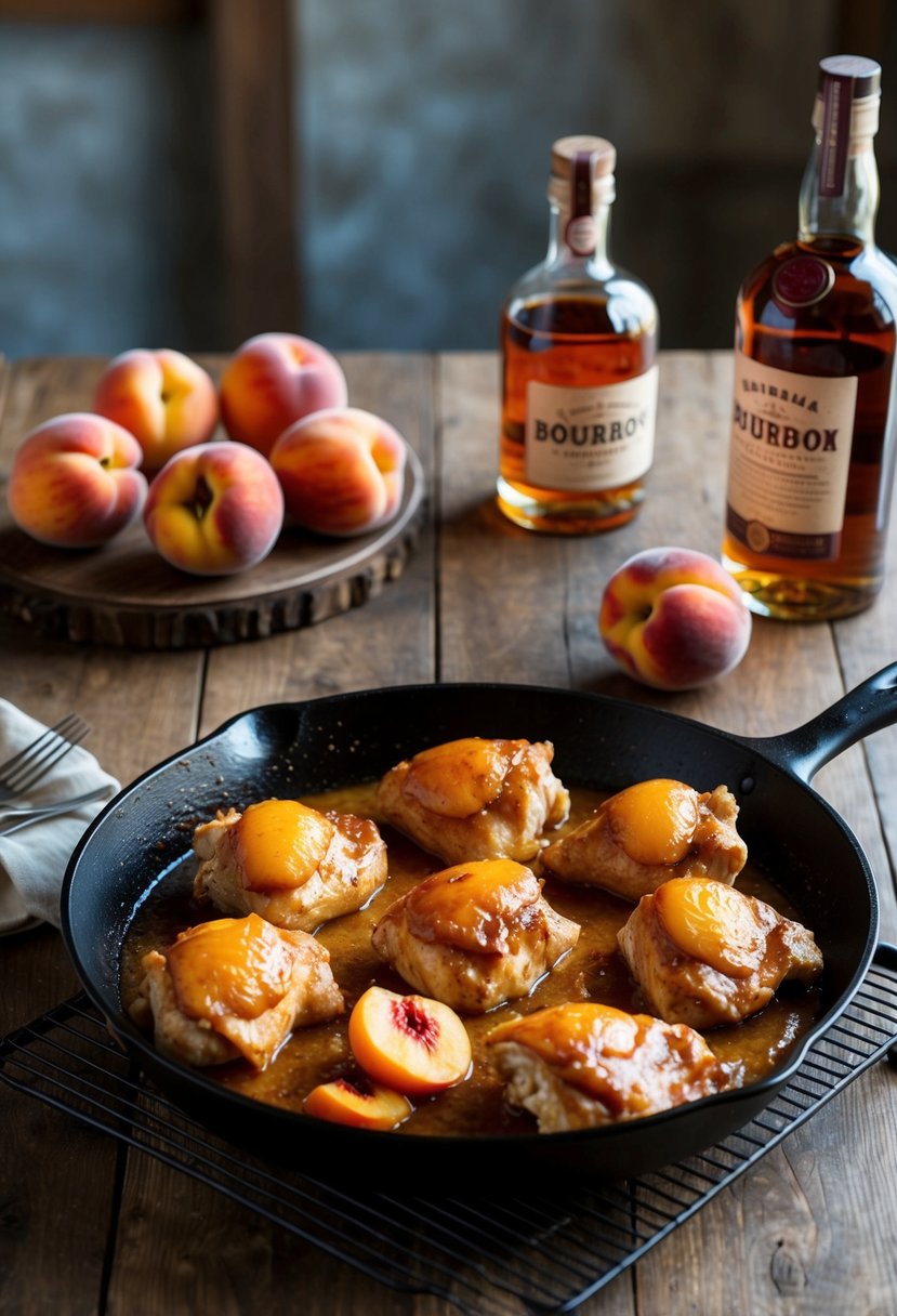 A rustic kitchen table with a sizzling skillet of peach bourbon glazed chicken surrounded by fresh peaches and a bottle of bourbon