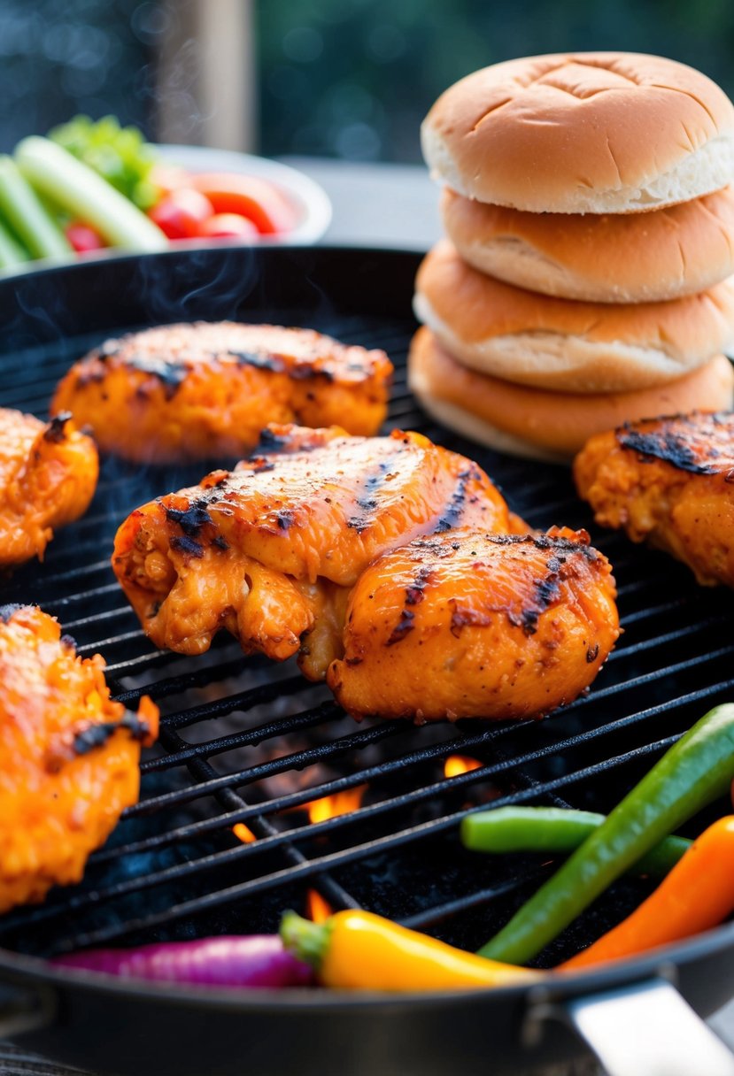 Juicy buffalo chicken sizzling on a hot grill, surrounded by colorful vegetables and a stack of fresh buns