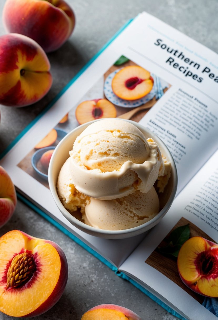 A scoop of peach ice cream surrounded by fresh peaches and a recipe book open to a page on southern peach recipes