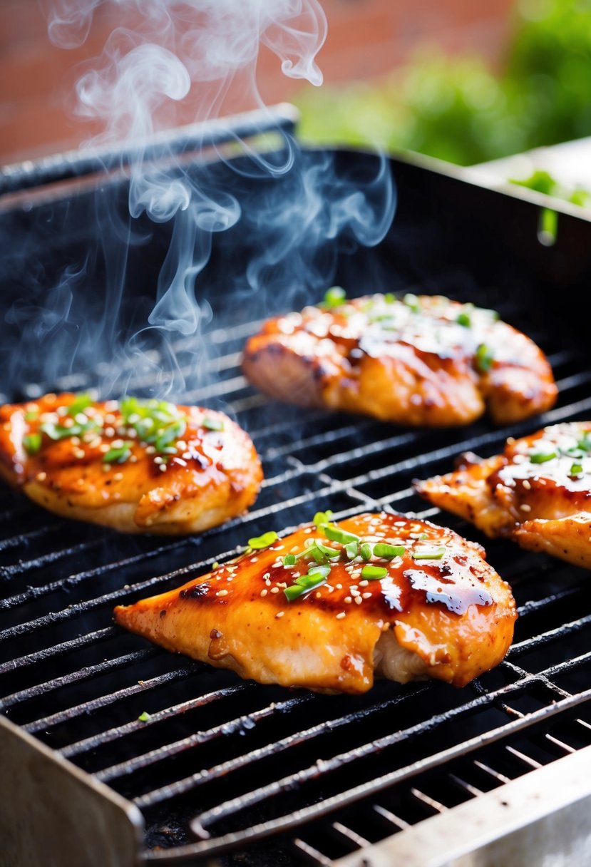 Juicy chicken breasts sizzling on a hot grill, glazed with teriyaki sauce and charred to perfection. Smoke rises as the meat cooks, creating an appetizing aroma