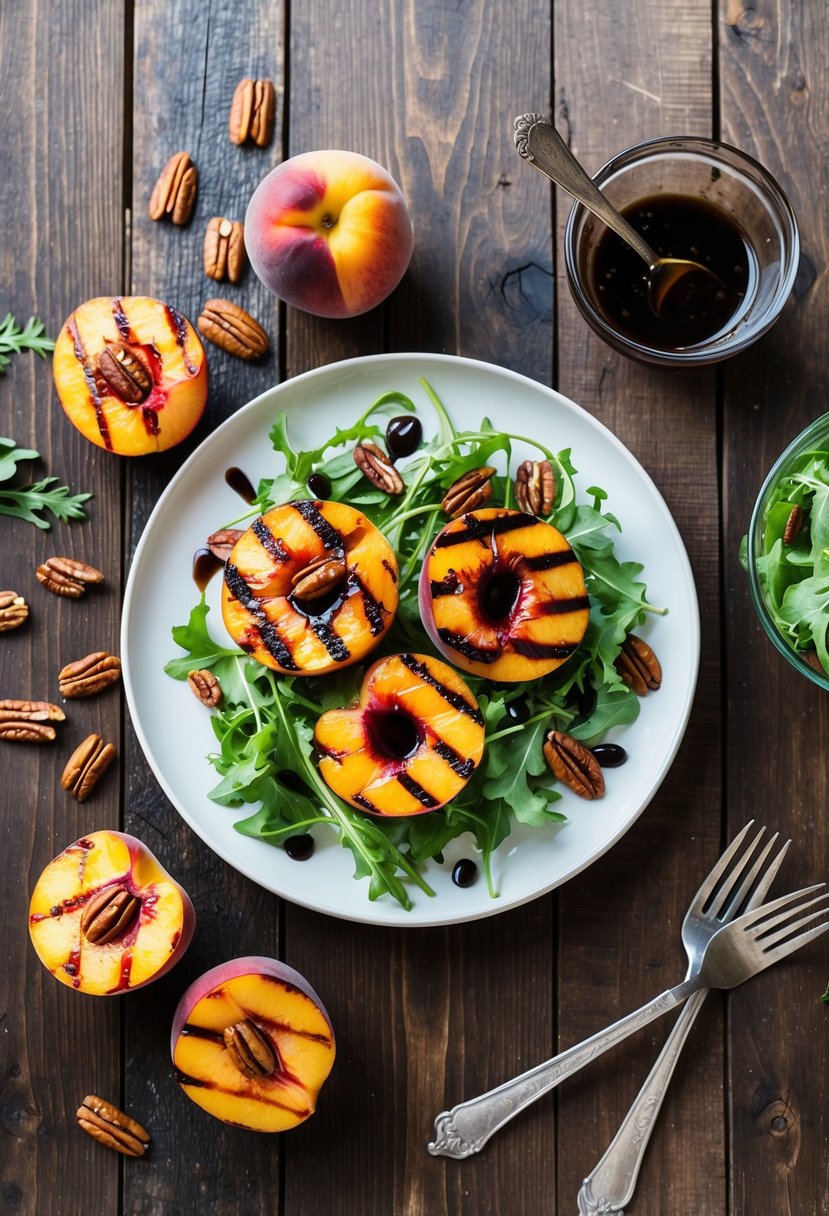 A rustic wooden table with a plate of grilled peach salad, surrounded by fresh peaches, arugula, pecans, and a drizzle of balsamic vinaigrette