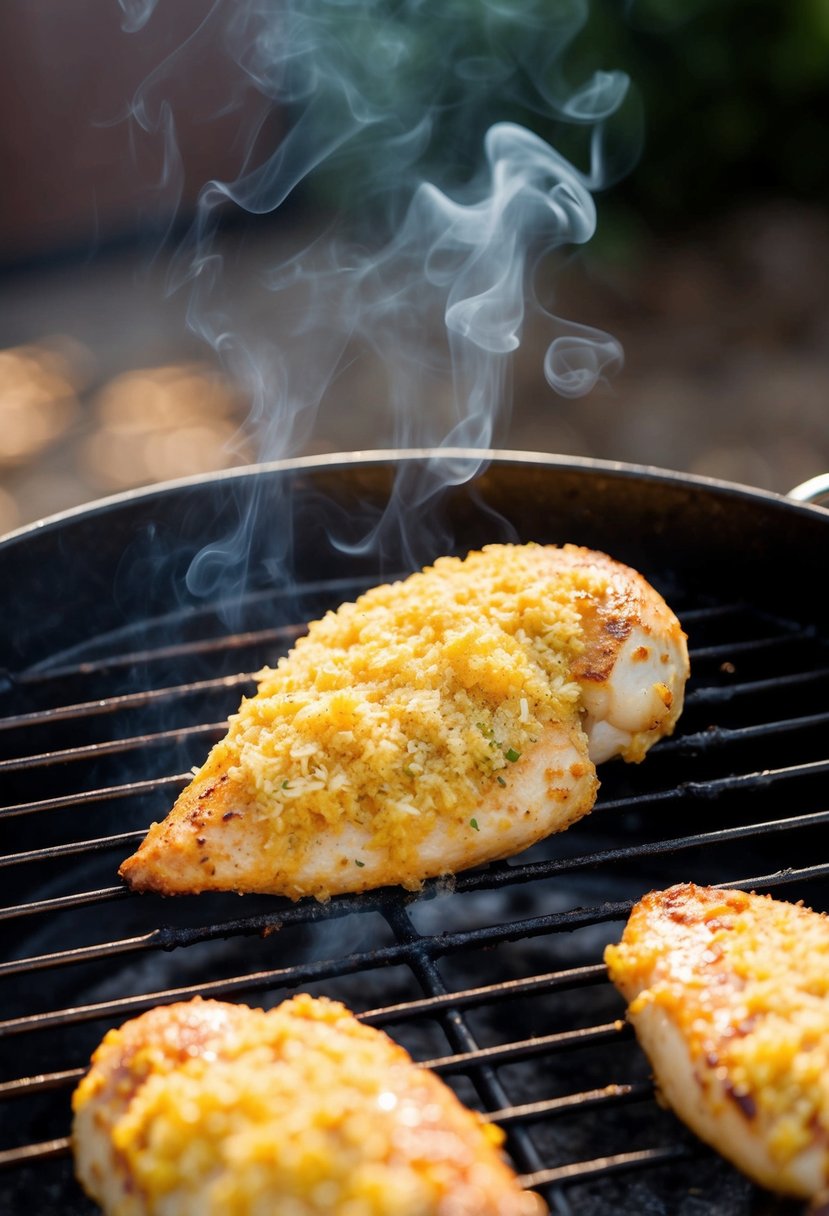 A sizzling chicken breast covered in a golden garlic parmesan crust grills on a smoky barbecue