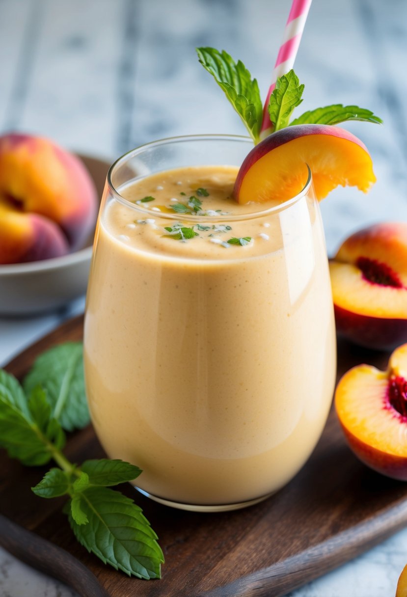 A glass filled with a creamy peach mango smoothie, garnished with fresh peach slices and a sprig of mint