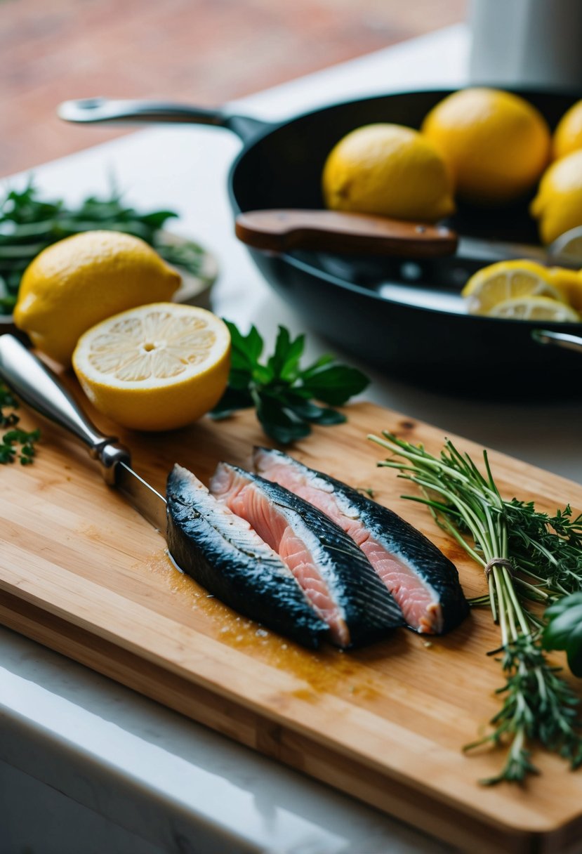 A cutting board with fresh tuna, lemons, herbs, and cooking utensils