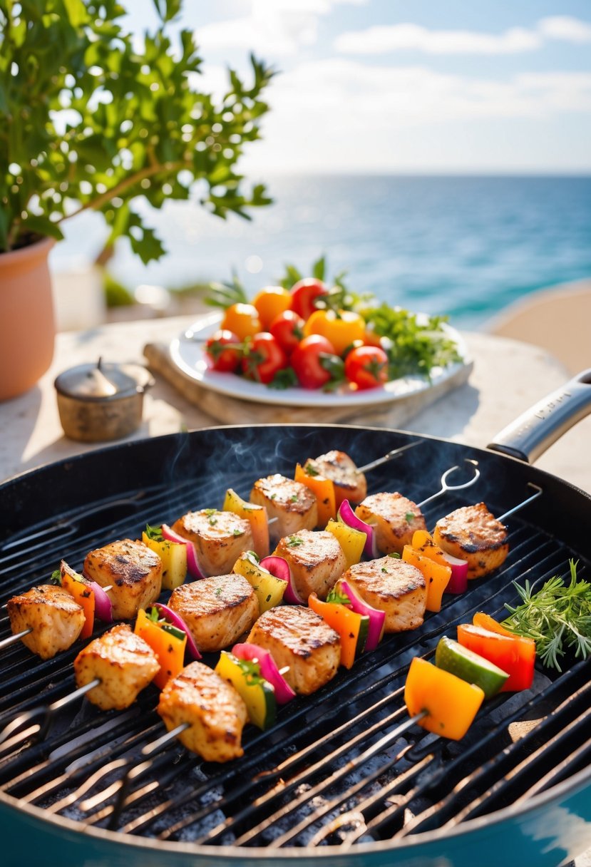 A sizzling grill with skewers of marinated chicken, colorful vegetables, and aromatic herbs, surrounded by a backdrop of a Mediterranean seaside setting