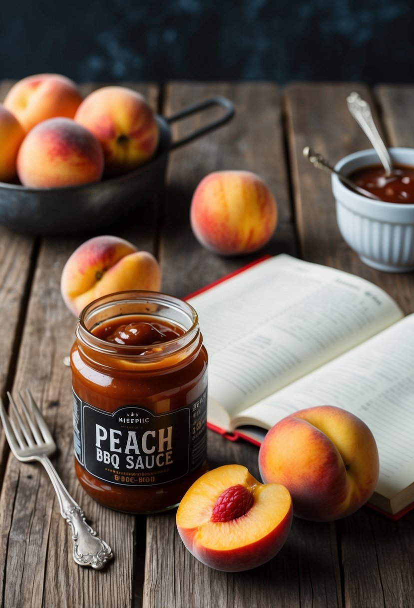 A rustic wooden table with a jar of peach BBQ sauce, fresh peaches, and recipe book