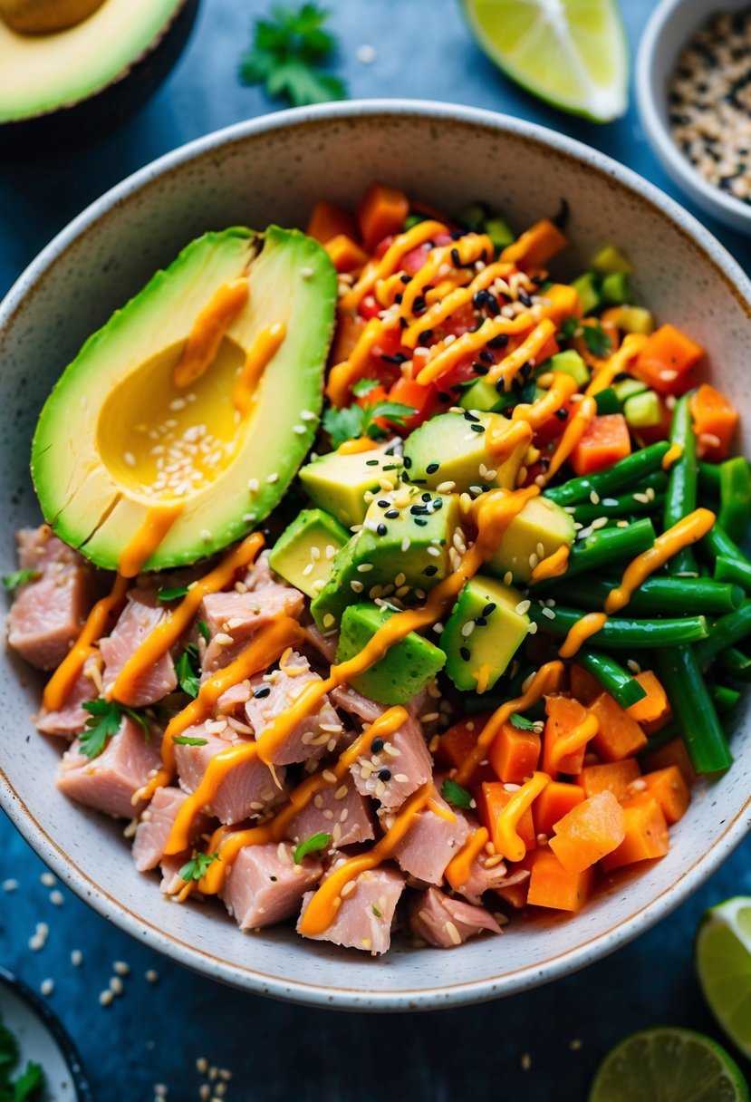 A vibrant bowl filled with diced tuna, avocado, and vibrant vegetables, drizzled with a spicy sauce and topped with sesame seeds