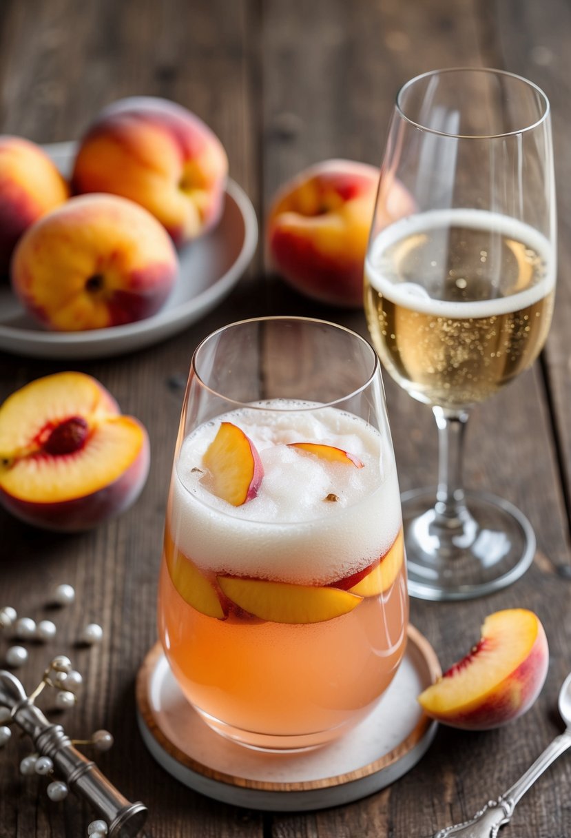 A glass of Peach Bellini with fresh peaches and sparkling wine on a rustic wooden table