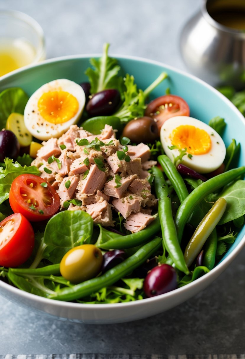 A colorful salad bowl with tuna, mixed greens, tomatoes, olives, green beans, and hard-boiled eggs, drizzled with vinaigrette