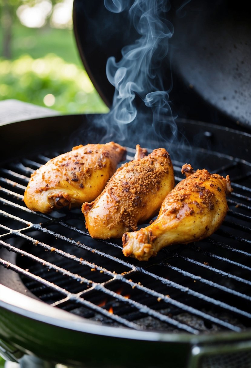 Juicy chicken sizzling on a grill, coated in jerk spice seasoning, with grill marks and smoke rising