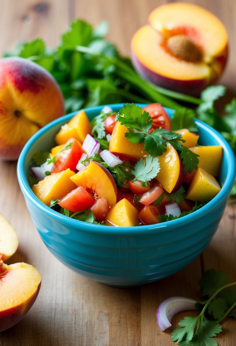 A bowl of fresh peaches, tomatoes, onions, and cilantro, mixed together to create a colorful and appetizing peach salsa