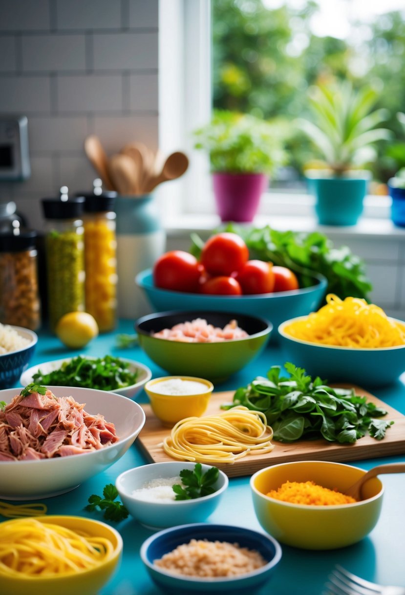 A colorful kitchen counter with fresh tuna, pasta, and various zesty ingredients scattered around