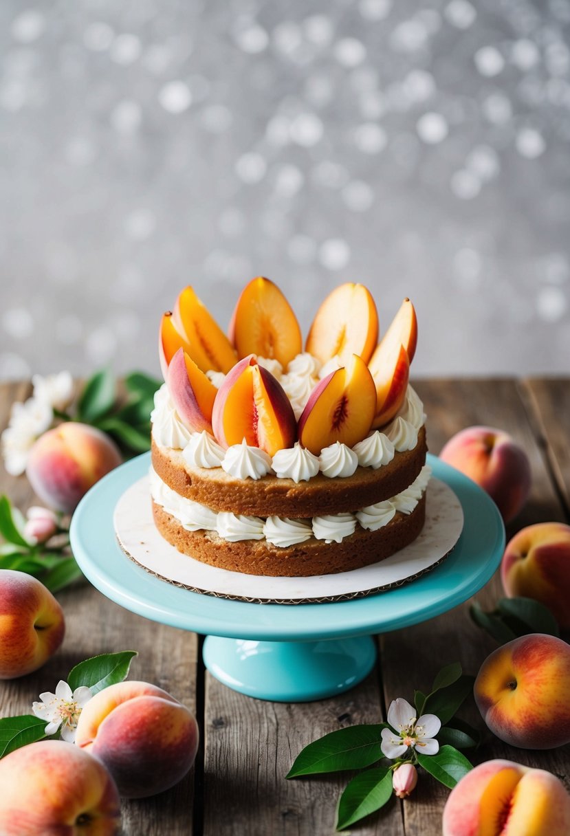 A peach crown cake surrounded by fresh peaches and peach blossoms on a rustic wooden table