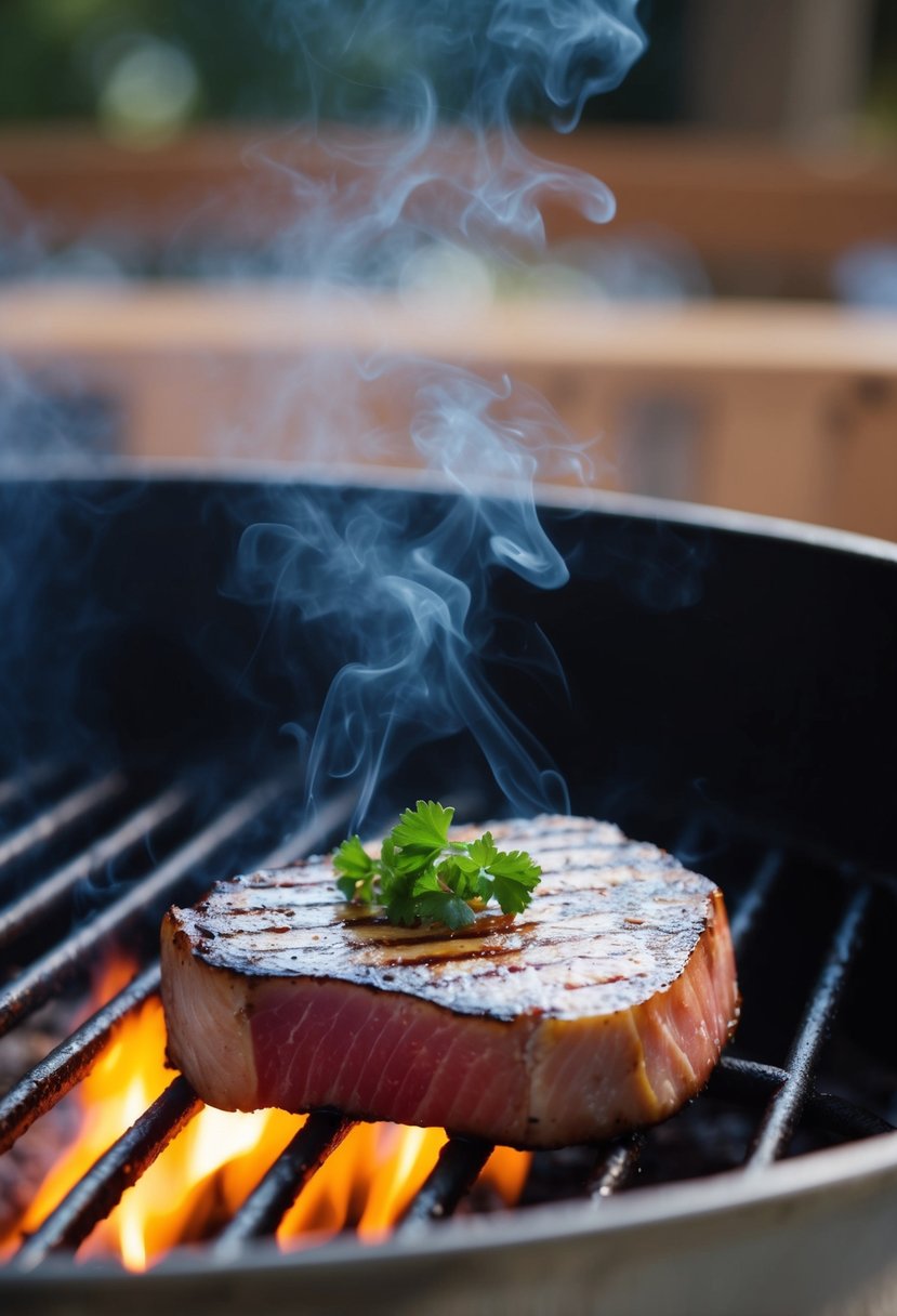 A sizzling Ahi tuna steak on a hot grill, with grill marks and a smoky aroma rising from the seared surface