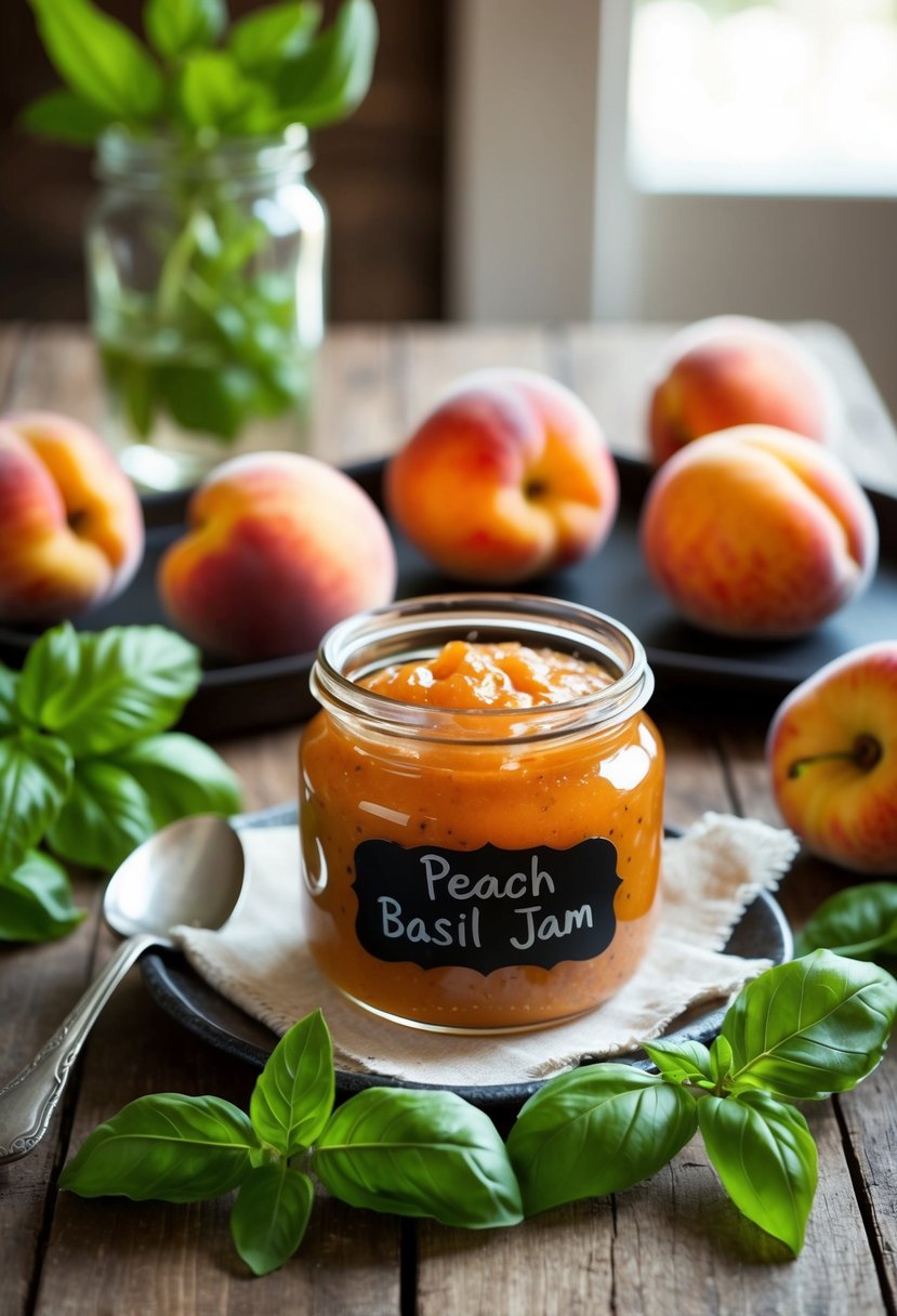 A rustic kitchen table with a jar of peach basil jam, surrounded by fresh peaches and basil leaves