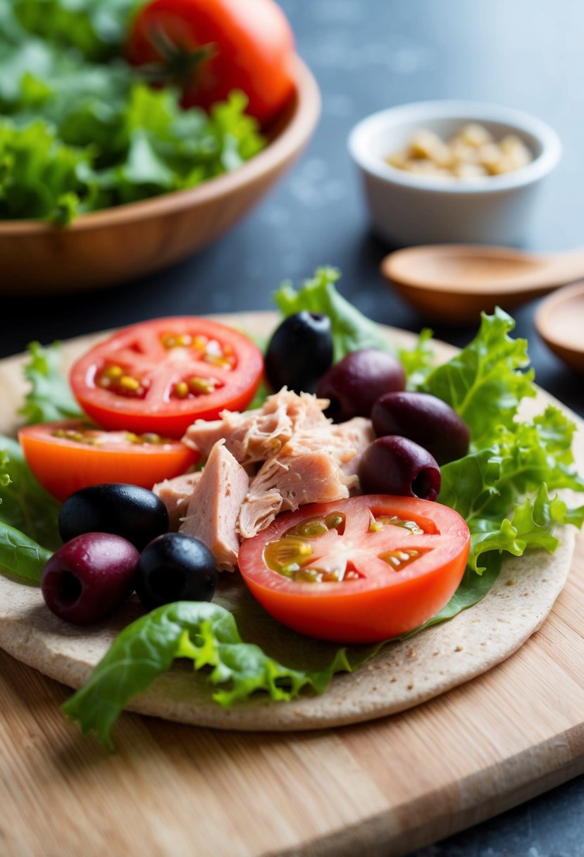 A colorful array of fresh ingredients - tomatoes, lettuce, olives, and flaky tuna - are carefully arranged on a soft, whole wheat wrap