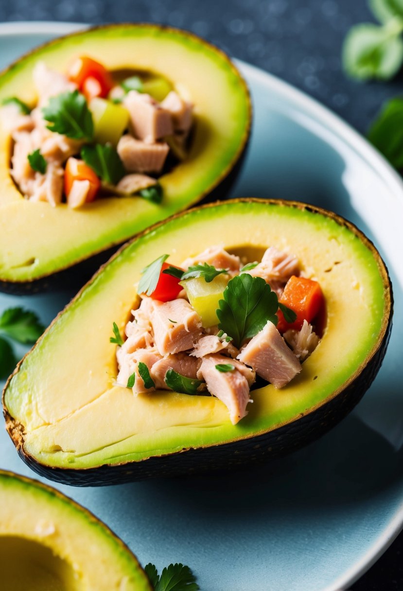 A ripe avocado split in half, filled with a mixture of flaked tuna, diced vegetables, and herbs, served on a plate