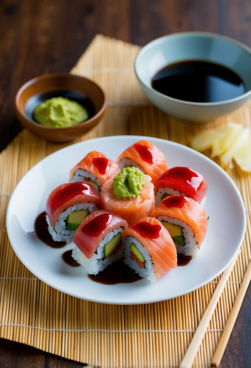 A plate of tuna sushi rolls surrounded by soy sauce, wasabi, and pickled ginger on a bamboo mat