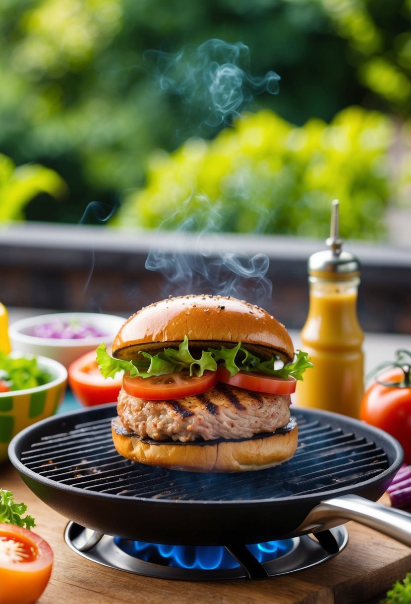 A sizzling tuna burger on the grill, topped with fresh lettuce and tomato, surrounded by colorful ingredients and condiments