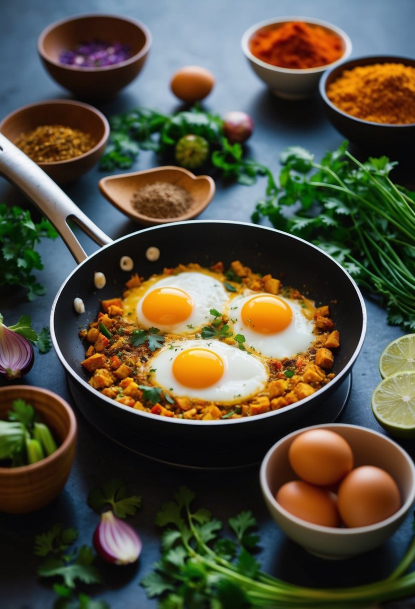 A pan sizzling with eggs, surrounded by vibrant spices and fresh vegetables, ready to be transformed into delicious Indian-style egg dishes