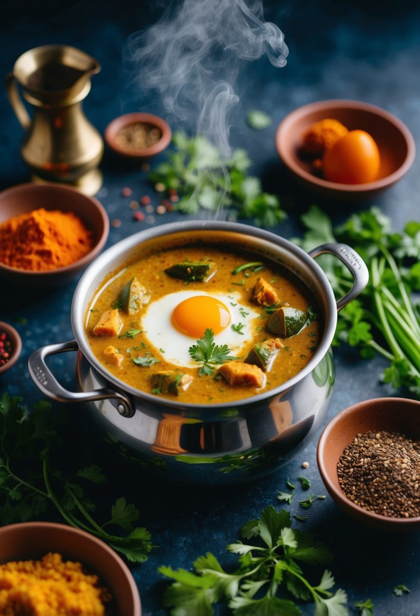 A steaming pot of masala egg curry surrounded by vibrant spices and fresh herbs