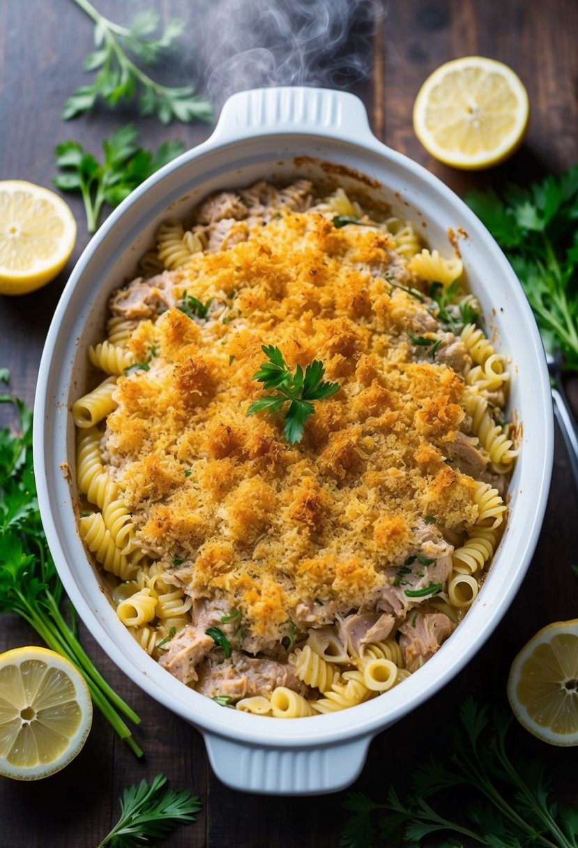 A steaming casserole dish filled with creamy tuna and pasta, topped with a golden breadcrumb crust, surrounded by fresh herbs and lemon slices