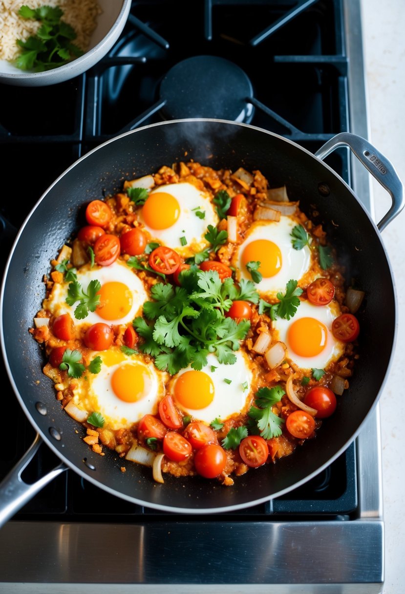 A sizzling pan of spiced eggs, tomatoes, and onions cooking on a stovetop, with a sprinkle of fresh cilantro on top