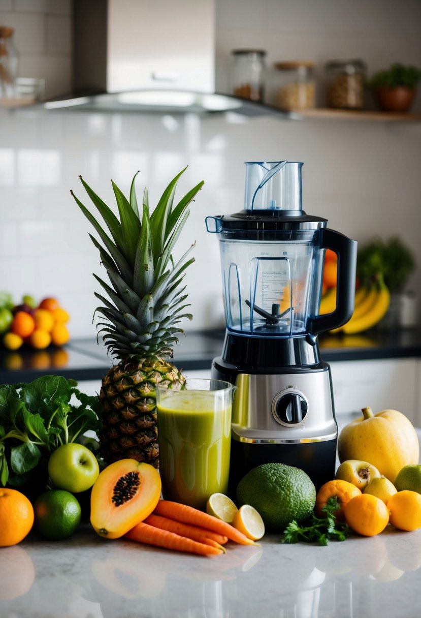 A variety of fresh fruits and vegetables, along with a blender and juicer, sit on a kitchen countertop, ready to be used for energy-boosting juice recipes