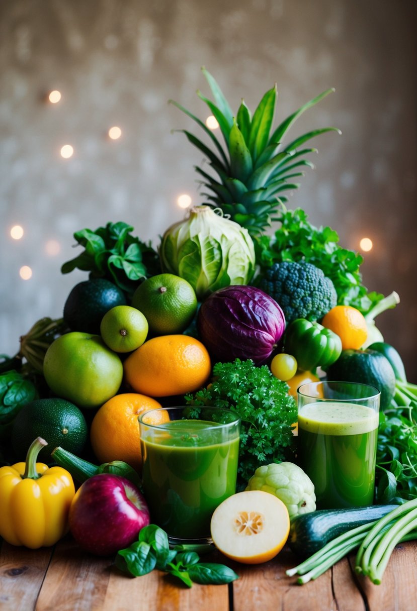 A vibrant assortment of fresh green fruits and vegetables piled high on a wooden table, ready to be juiced into a refreshing Green Goddess Juice